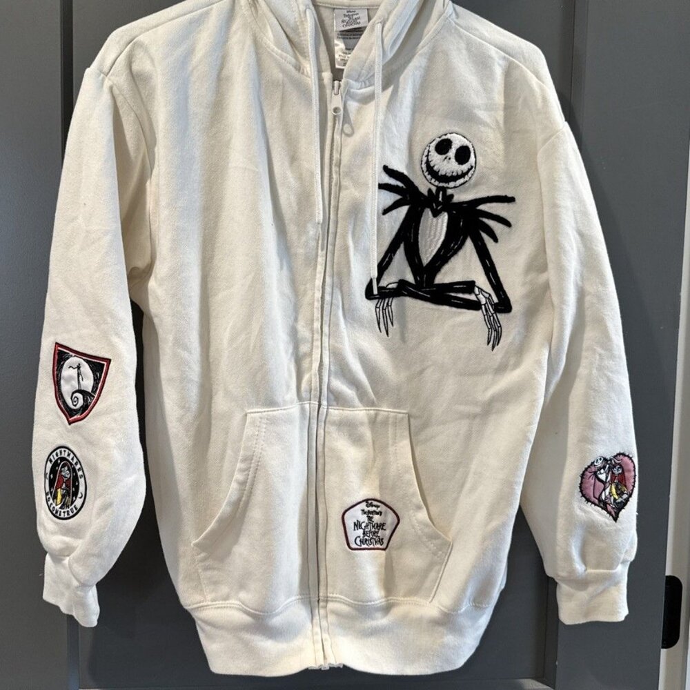 Disney Nightmare Before Christmas White Zip-Up Hoodie Women’s Small Embroidered